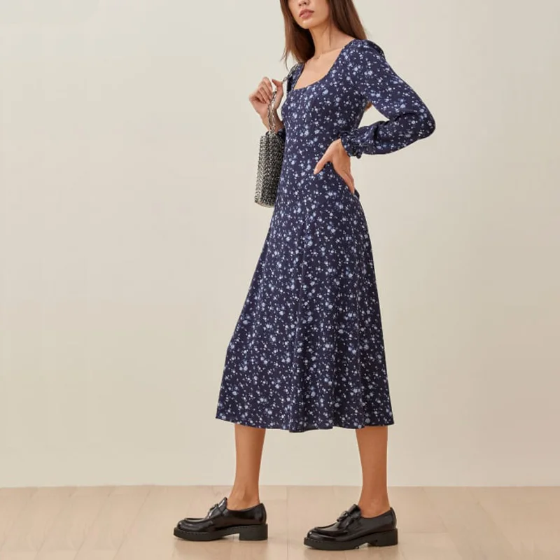 

Женское Повседневное платье с цветочным принтом, приталенное платье с квадратным вырезом и длинным рукавом, украшенное поясом, лето