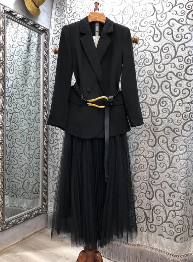 Top Quality Women's Set 2020 Aututumn Winter Business Suit Woman Belt Patchwork Brown Black Blazer Coats+Mid-Calf Pleated Skirt