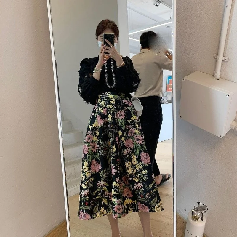 

Retro Spring Black Lace Crocheted Blouse Tops High Waist Big Swing Floral Skirts Matching Sets Dress Fashion Elegant Chic