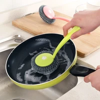 useful long handle kitchen pot cleaning brush steel wire ball amaranth handle scourer novelty home clean tools