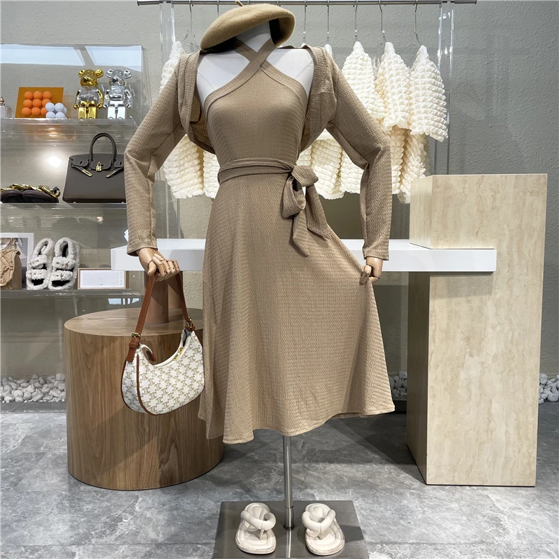 

New 2021 Solid Color Super Short Shawl Long Sleeve Top + Neck Hanging Sleeveless Lace Up Slim Dress Elegant Goddess Suit