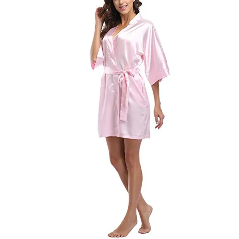 

7 Colors Womens Plus Size Short Kimono Cardigan Faux Silk 3/4 Sleeves V-Neck Night Robes Glitter Solid Color Nightgown Sleepwear