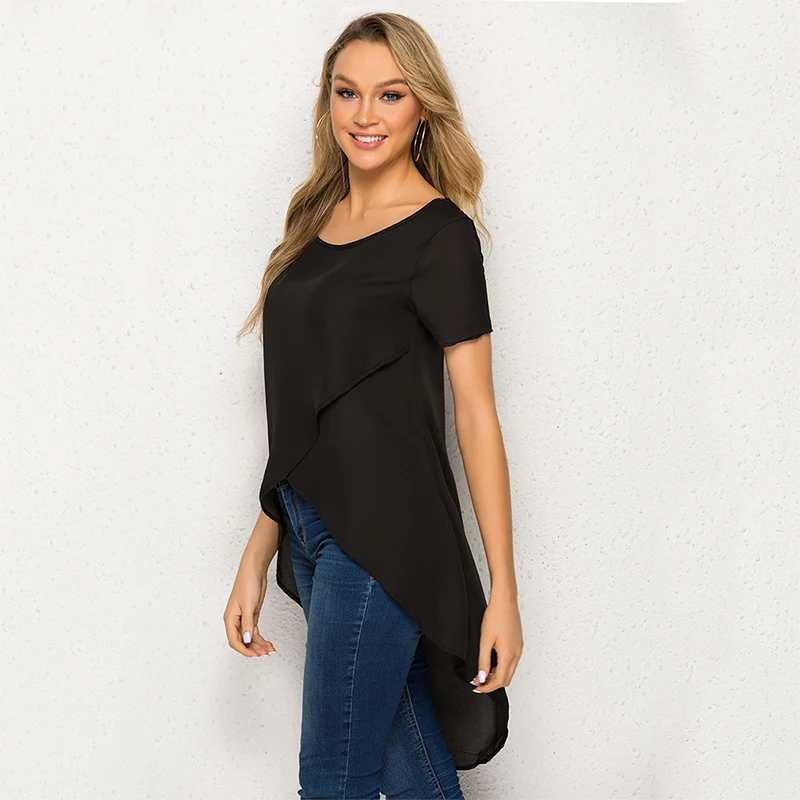 

Летняя рубашка с круглым вырезом, спереди, короткая, сзади, длинная рубашка с коротким рукавом, повседневные свободные топы, футболка для же...