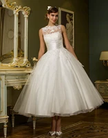 vestido de casamento robe de mariage 2018 ball gown sleeveless vintage bridal tea length white lace short bridesmaid dresses