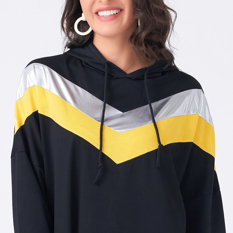 

Spring Autumn New Style Women's College Style Fashion Color Matching Metal Loose Long-sleeved Hooded Sweater Long Dress