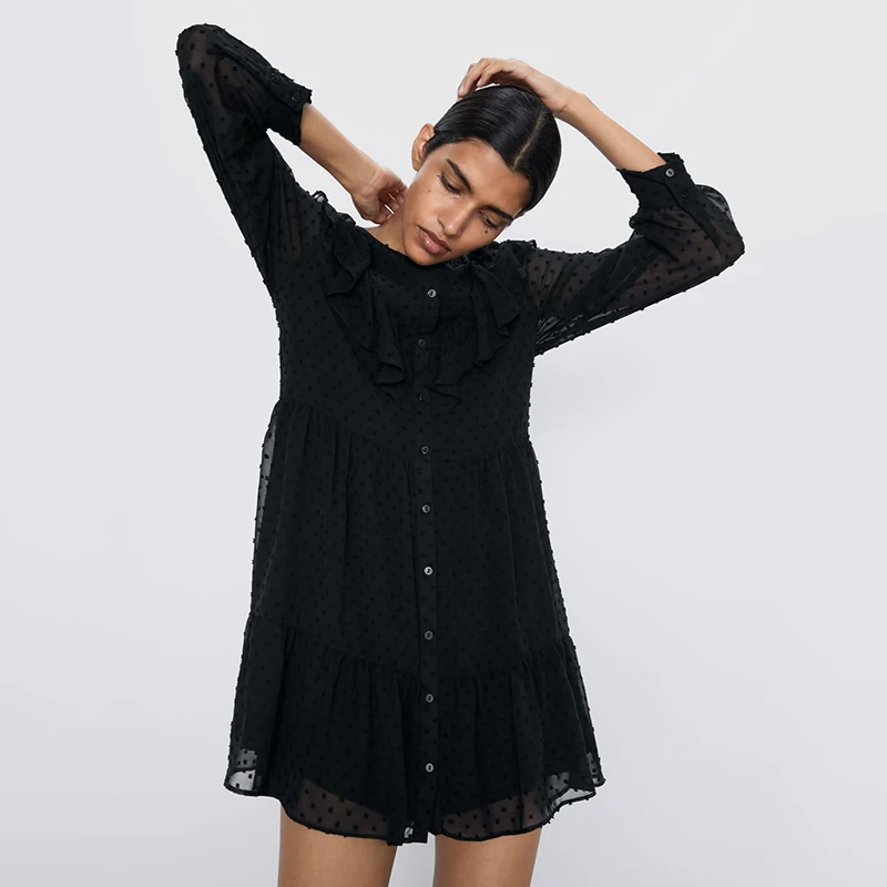 Женское платье из тюля с длинным рукавом и круглым вырезом однобортное застежкой