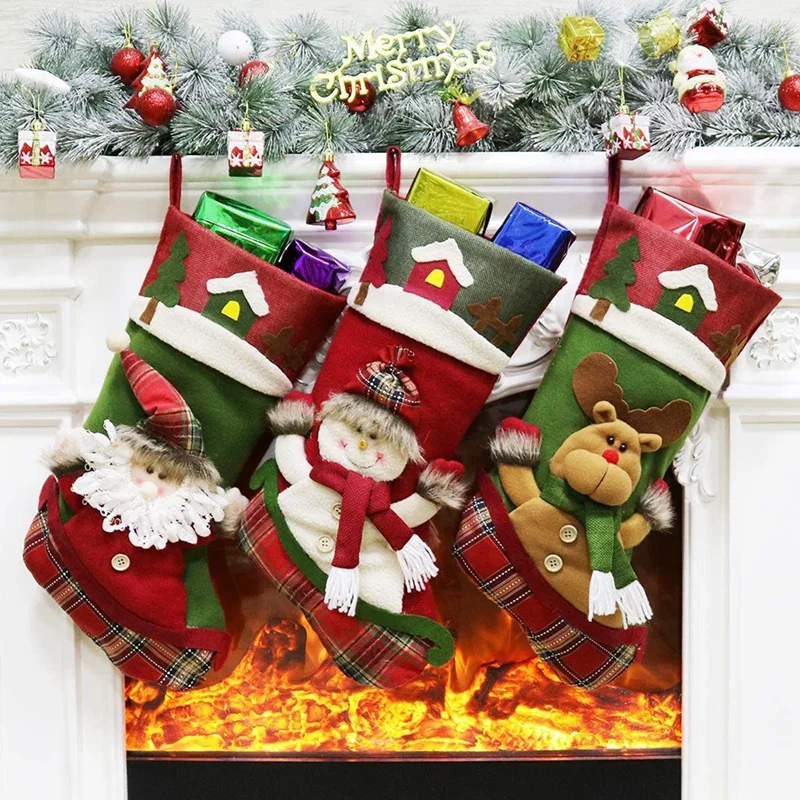 

3Pcs Santa Snowman Reindeer Xmas Fireplace Hanging Stockings Decoration Stockings Christmas Decoration 47X23cm