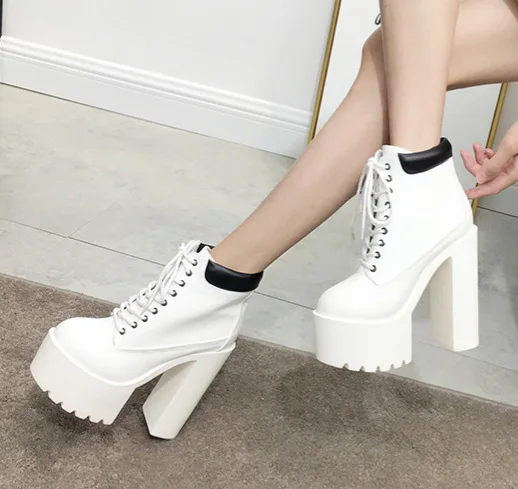 Classic high thick-heeled women's boots waterproof platform lace high-heeled short |