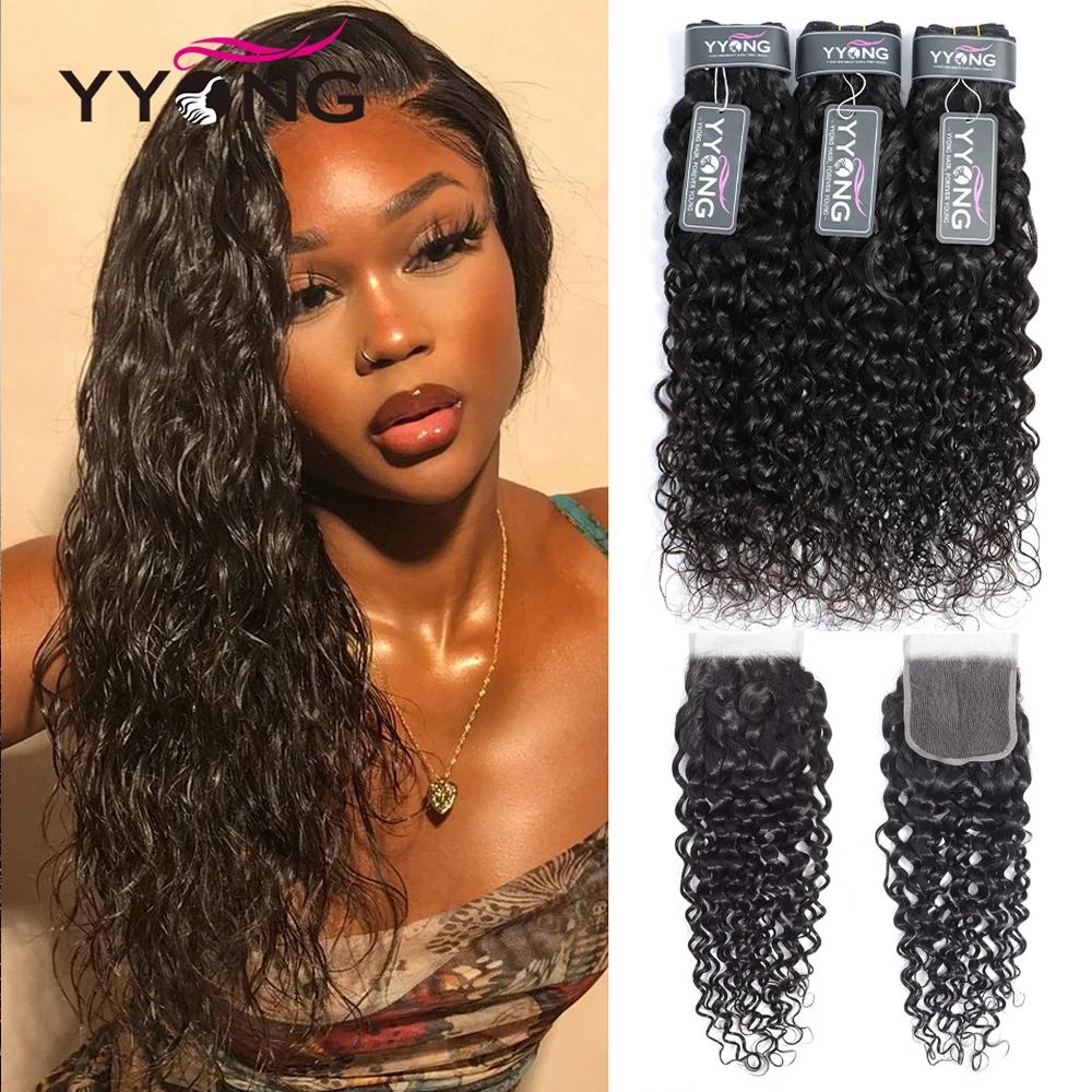 

Yyong 4x6 пряди волос, малайзийские волосы 3/4 с волнистой водой, пряди с закрытием, человеческие волосы Remy с закрытием