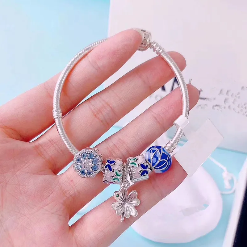 

2019 Spring New DIY 925 Sterling Silver Pendant Bead Clover Hearts Hanging Charm Original pan Bracelet Bangle