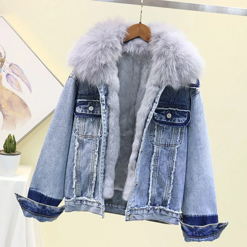 Модная Джинсовая куртка женская с лисьим меховым воротником 2019 новое зимнее