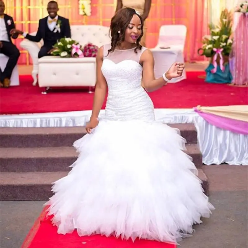 

Gorgeous Beaded Mermaid Wedding Dresses 2021 Vestido De Noiva Sheer Back and Neck Ruffles Bridal Dress Gown