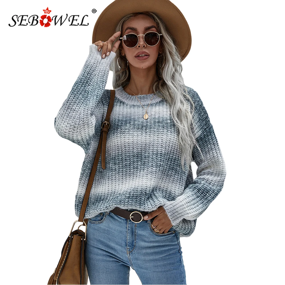 

SEBOWEL Woman Casual Striped Loose Rainbow Sweater 2021 Autumn Winter Long Sleeve Pullovers Female O-Neck Warm Knitted Tops S-XL