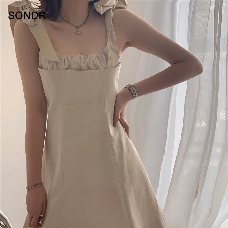 

Vintage Sweet Tank Dress 2020 Women Summer One-Piece Korean A-Line Dress Mini Dress Cotton Linen Sleeveless Beige Short Sundress