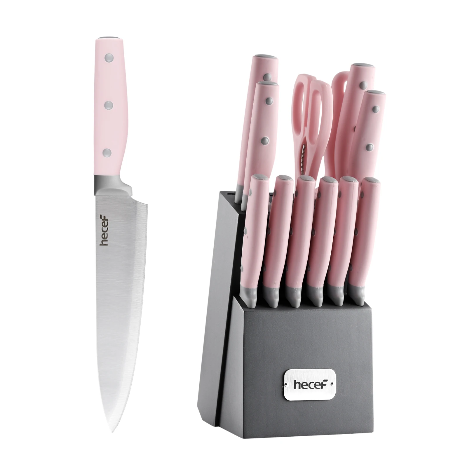 

Набор ножей Hecef из 14 предметов, с деревянным блоком, точилка, стальные и универсальные ножницы, розовый