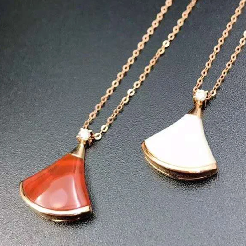 18K Rose Gold Real Diamond Women Pendant Necklaces Skirt Fan Red Agate Wedding Party Engagement Anniversary Birthday | Украшения и