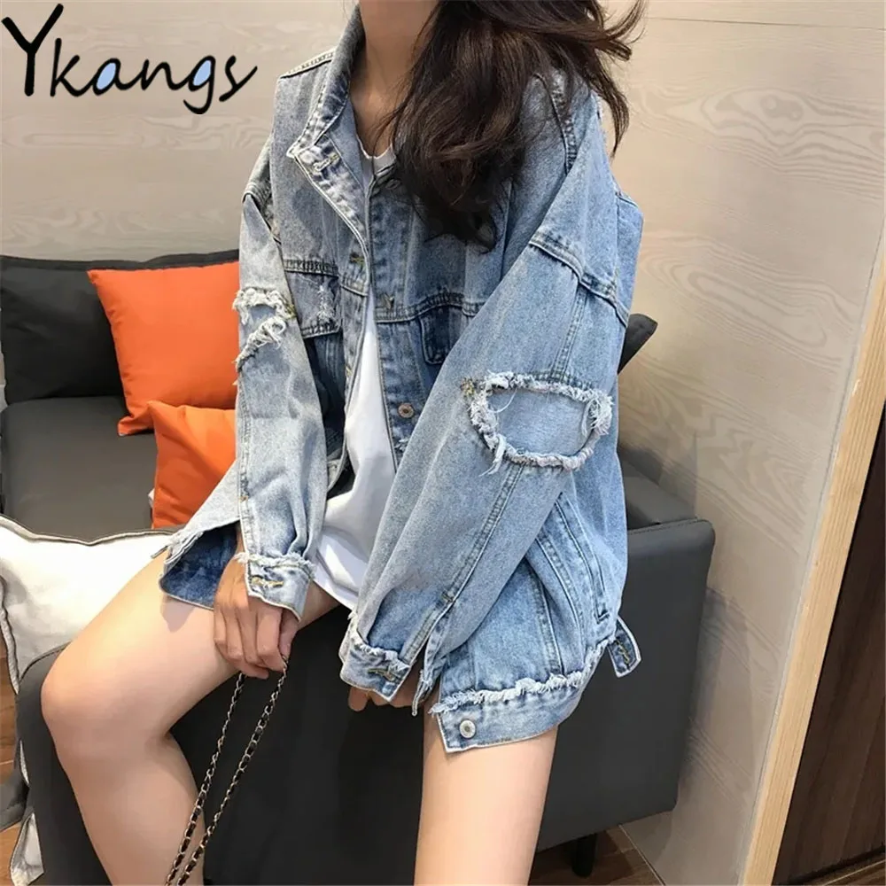 

Single Breasted Sleeve Frayed Patches Desigual Blue Denim Coat Korean Fashion Short Jean Jackets Ripped Hole Y2k Women Clothing