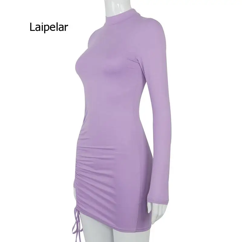 

Sexy Ruched Bodycon Mini Dress Women Clothes Fall 2020 Long Sleeve o Neck Lace Up Draped Tight Dresses Woman Party Night