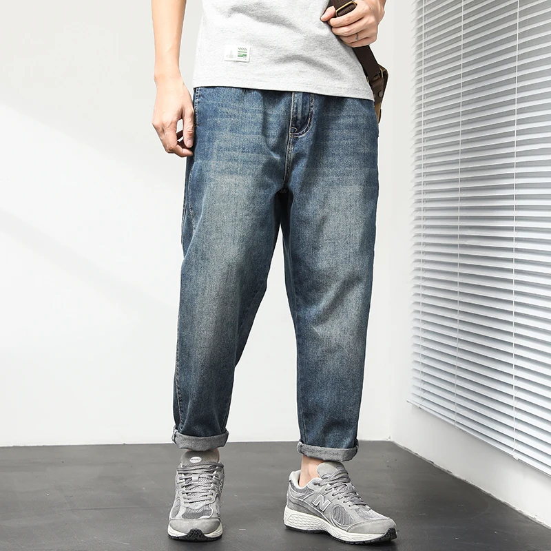 

2021 spring and summer classic brand loose and straight tapered jeans youth school hip hop youth men's harem pants cropped pants