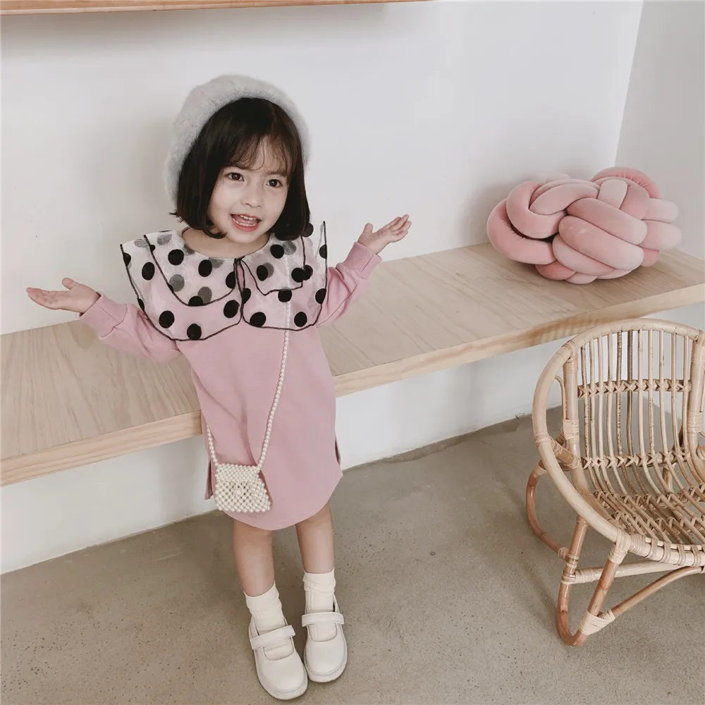 Милое Платье для девочек осеннее платье с воротником в виде листьев лотоса