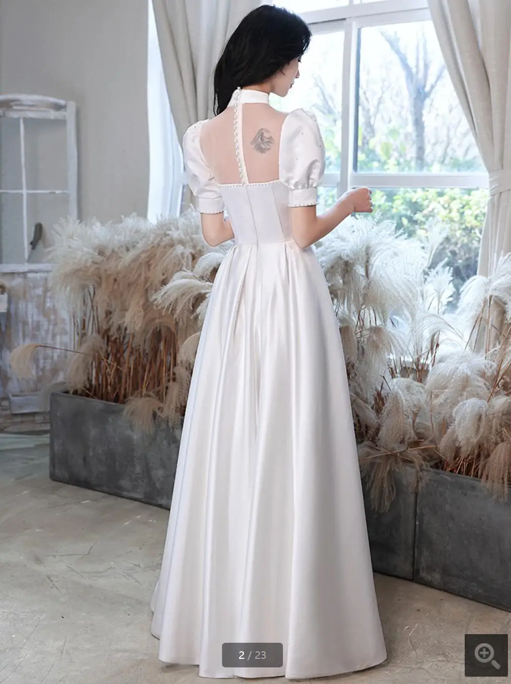 

2021 Romantic white satin a line wedding dresses floor length high neck short sleeve modest wedding gowns with pearls 2021