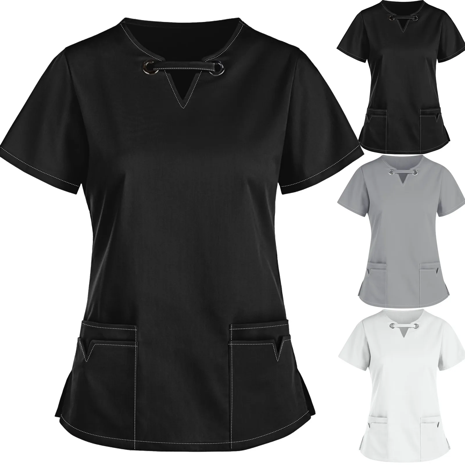 

2021 Women Solid Color Print Casual Short Sleeve Workwear Sexy V-neck Nurse Uniform For Women Fashion Girl's Nurse Uniform
