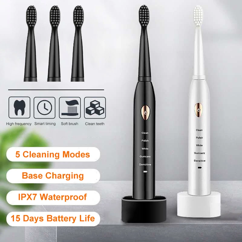 5 Speeds Powerful Ultrasonic Electric Toothbrush Base USB Rechargeable Waterproof Electric Tooth Brush with 4 Heads Gift Box