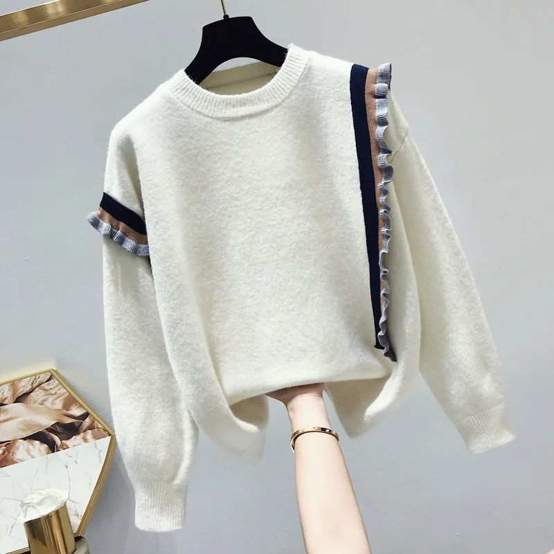 beige Woherb, контрастный цвет, вязаный свитер для женщин, корейская мода, новинка, Осень-зима, милые свитера с оборками, пуловер, пуловер, джемпер, топы - Цвет: beige