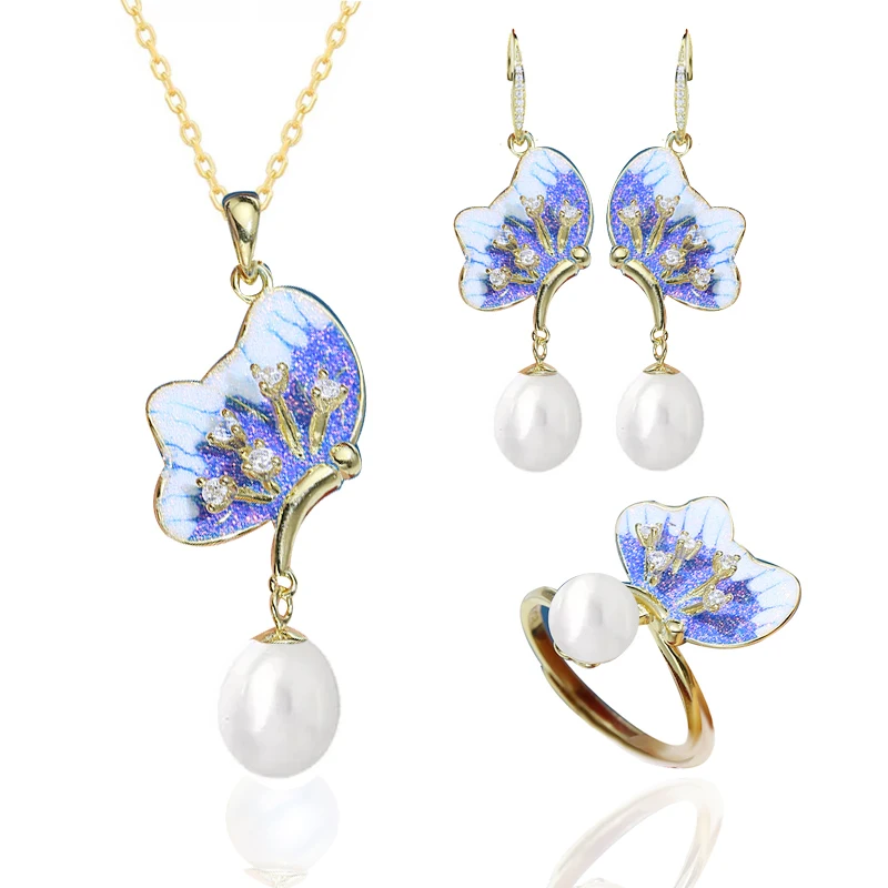

MeiBaPJ Luxurious Real 925 Silver Butterfly Earrings Necklace Ring Fine Wedding Jewelry Sets For Women Natural Rice Pearl Suit