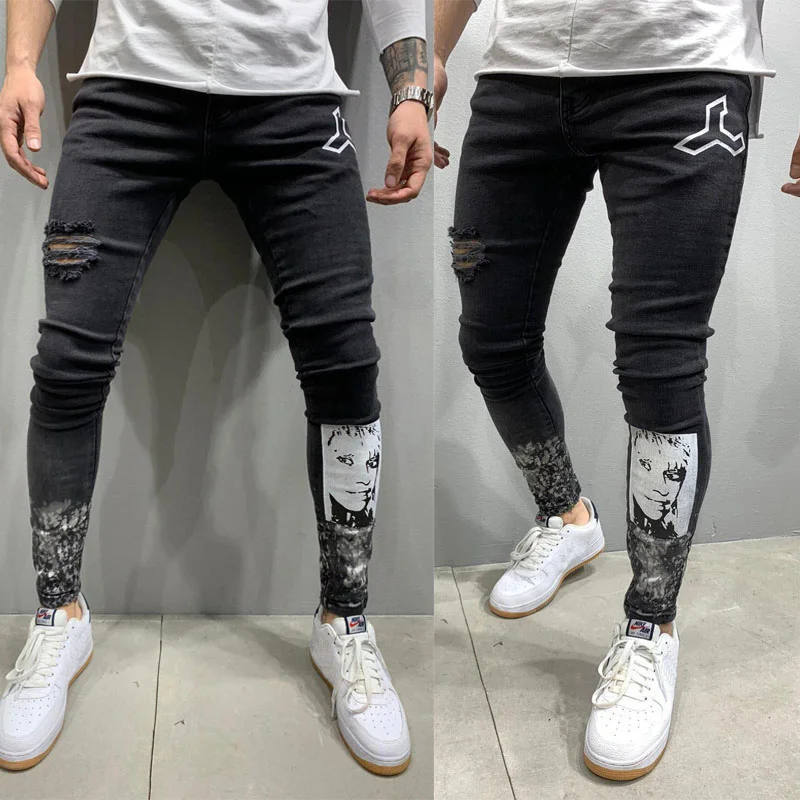 

Men Black Ripped Skinny Jeans Star Portrait Printed Pencil Pants Stretch Slim Moto&Biker Hip Hop Street Jeans Denim Clothing Men