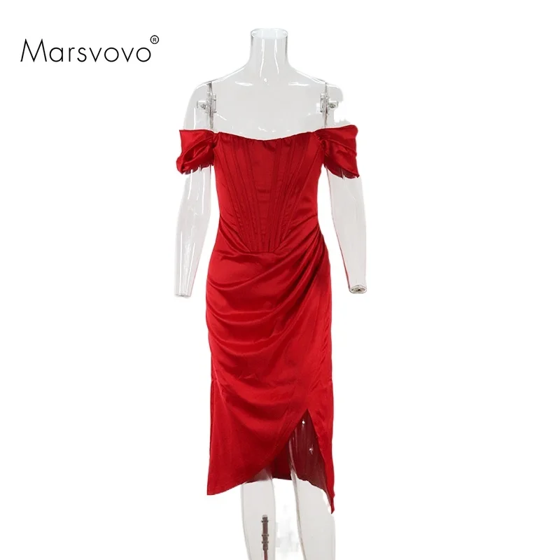 

Elegant Bodycon Slip Satin Women Bodycon Short Sleeve Sexy Slit Backless Red Corset Dresses Off Shoulder Ruffle Dress 2021
