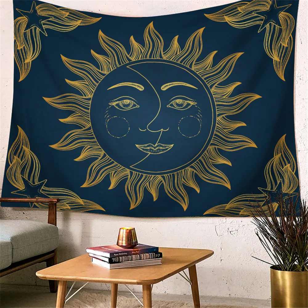 Белый черный гобелен с изображением Солнца и Луны мандалы настенный подвесной в