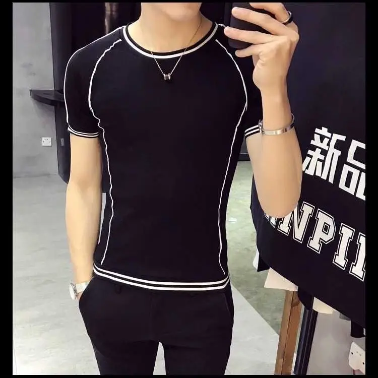 

Spring and autumn new slim striped net red T-shirt youth tight short sleeve T-shirt for men