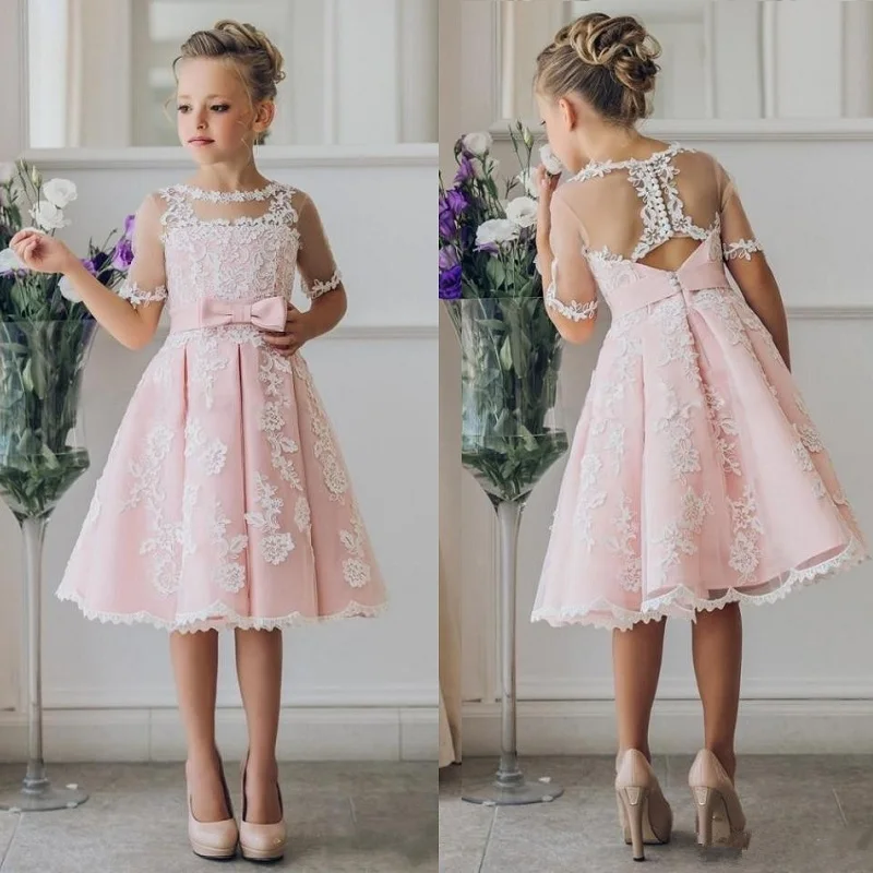 Розовые платья с короткими рукавами и цветочным узором для девочек Вечерние дня