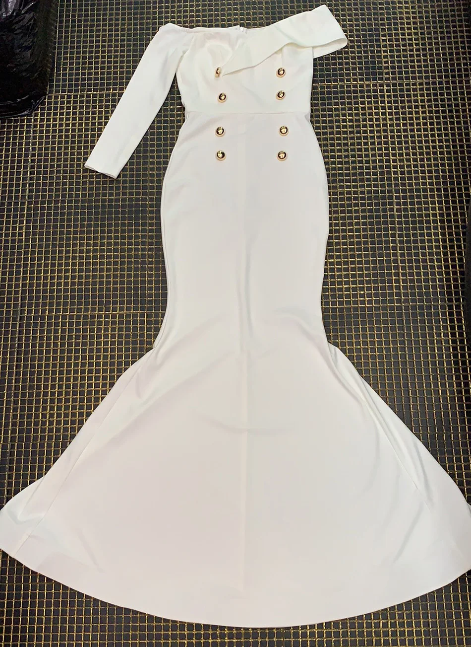 

Ailigou Elegant White Long Mermaid Dubai Dress 2020 Off Shoulder One Sleeve Sexy Dress Button Formal Banquet Dress
