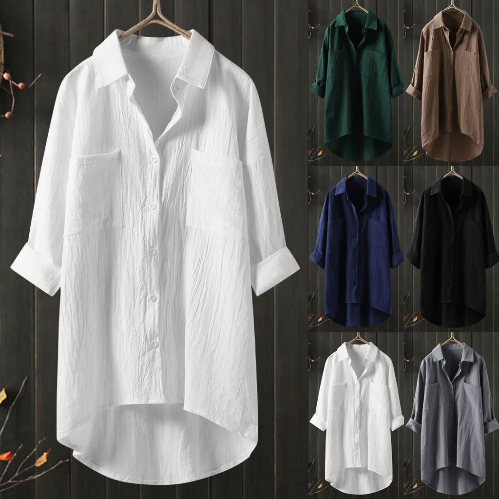 

2021Elegant Solid Tops Woman Autumn Blouse Long Sleeve Shirts Casual Pocket Button Female Cotton Linen Hot Sale Chemise