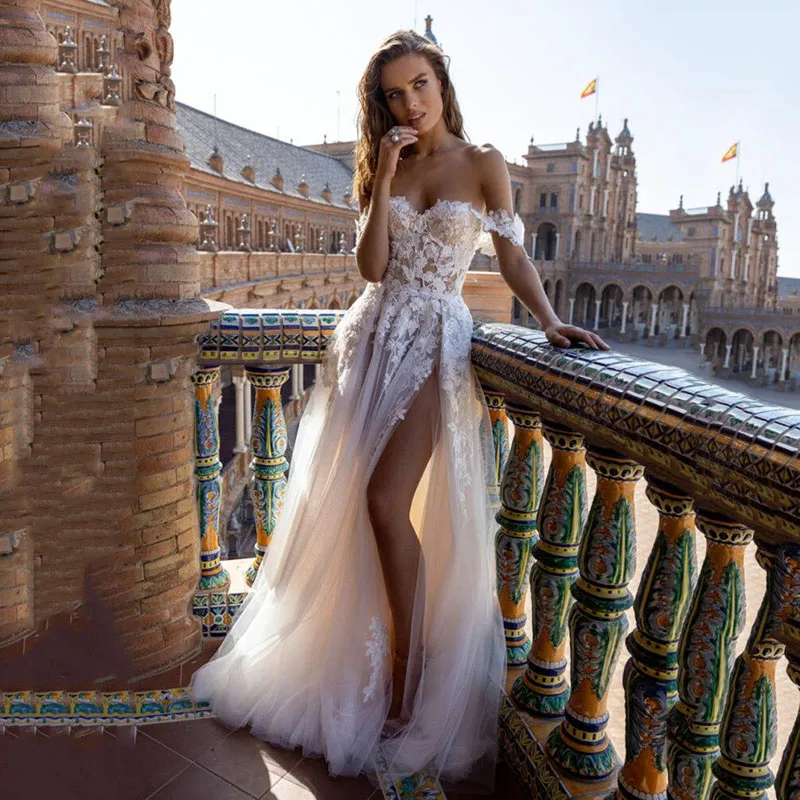 

Eightree Church Sexy Champagne Wedding Dress off Shoulder Summer Beach Wedding Gowns Split Lace Bridal Dresses 2021