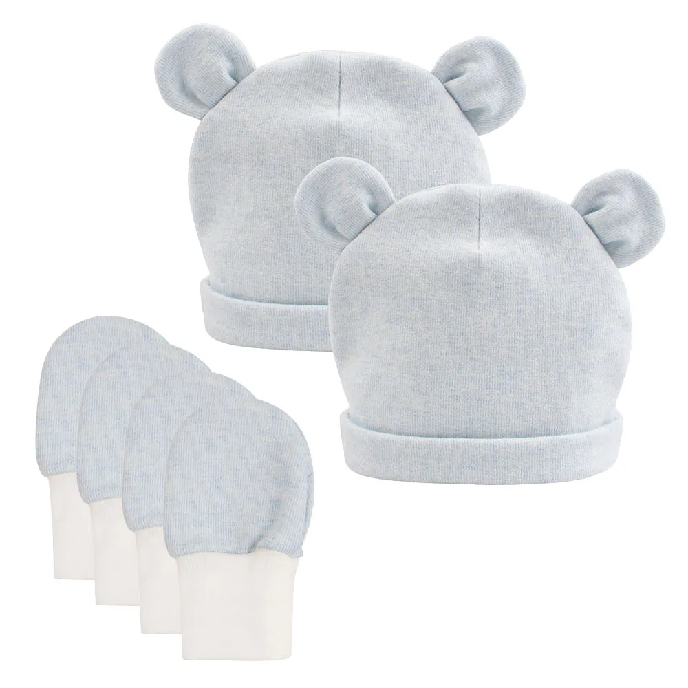 Blue Set Милая шапочка для новорожденных; хлопковая однотонная шапка для новорожденных мальчиков; шапка с медвежьими ушками и кроличьими ушками для маленьких девочек; шапочка для новорожденных; сезон весна-лето - Цвет: Blue Set
