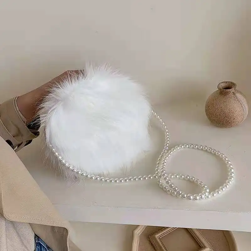 

White Pearl Chain Crossbody Bags For Women Faux Fur Soft Round Clutch Ladies Purses and Handbags Shoulder Messenger Bag Bolsos