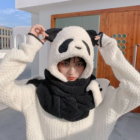 Sweet Cartoon Panda Hat Cute Winter Hat Windproof Scarf and Gloves Set Cute Winter Thick Hoodies Scarf with Mitten Beanies