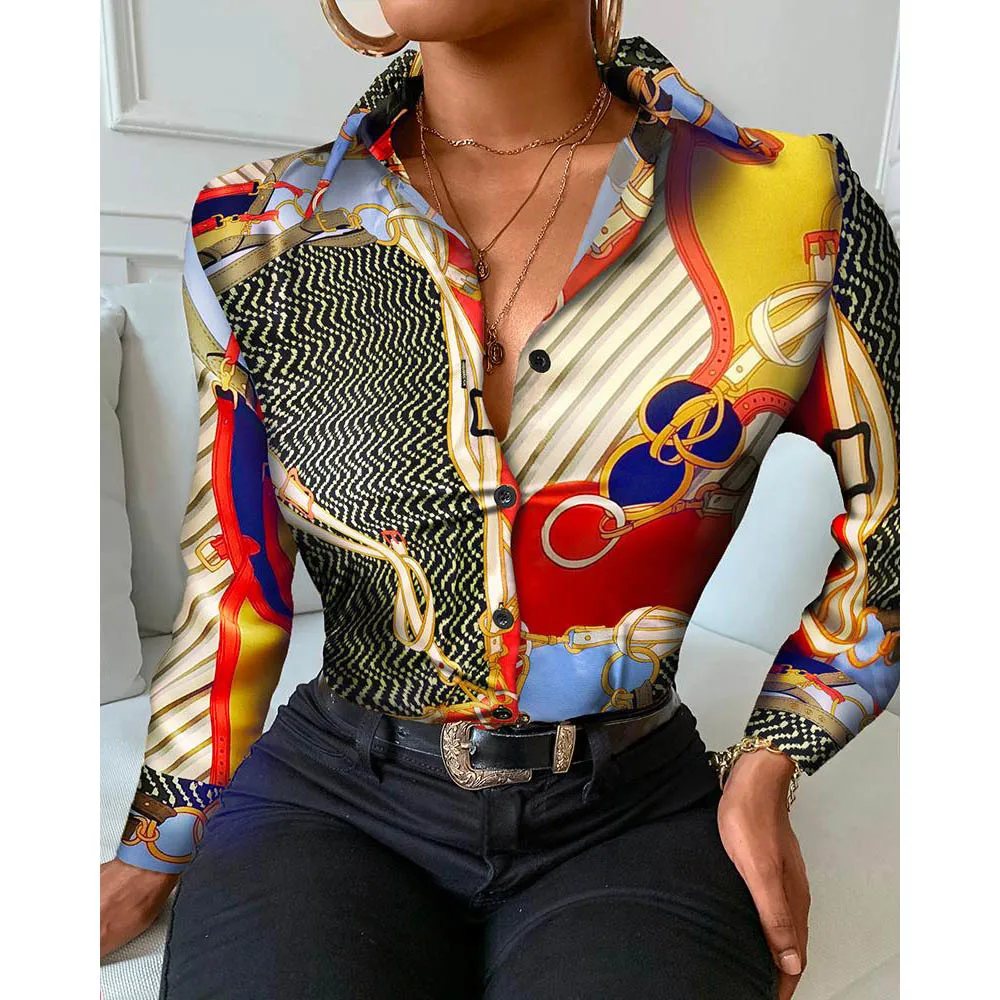 

Шифоновая Блузка для женщин, с рисунком, отложной воротник, длинный рукав, шарф модная повседневная Уличная одежда осень Colorblock (цветовой бло...