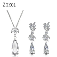 zakol gorgeous teardrop cubic zirconia cz dangle earrings necklace jewelry sets for women bride or bridesmaid party dress sp3300