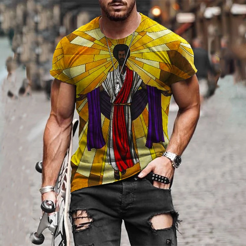 

Men's Short Sleeve Casual T-shirt 2021 Summer Crew Neck Jesus Print Fashion Oversize Loose Tops