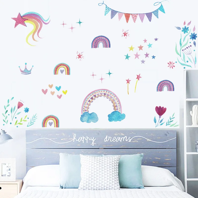 

Cool Hand-Painted Rainbow Stars Wall Stickers for Children's Room Kindergarten Party Decoration Sticker Art Mural