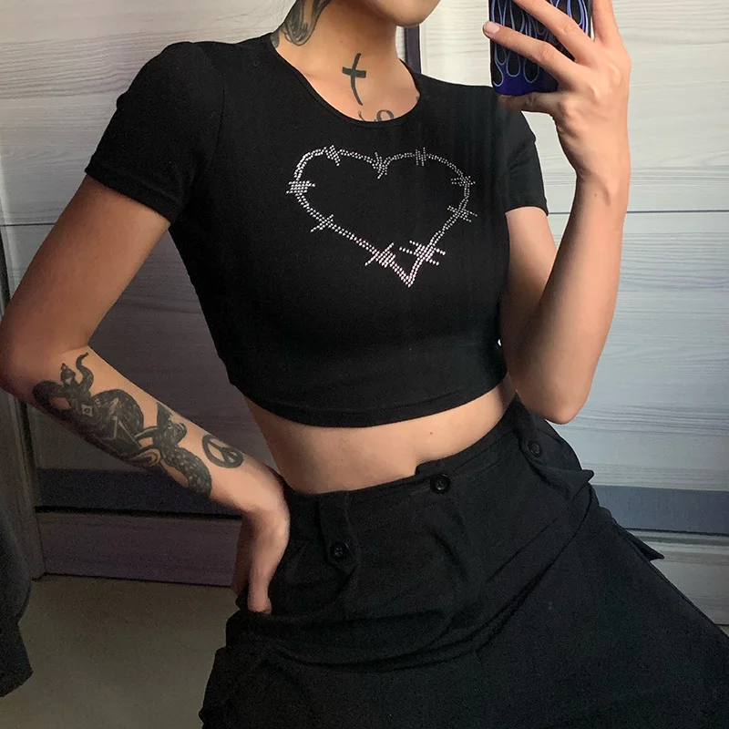 

ZOVSV Heart Crystal Sweat Cute Y2K Crop Top Tshirt Summer Fashion Cotton T-shirt Ladies Red Basic Tee Shirt 90s Streetwear