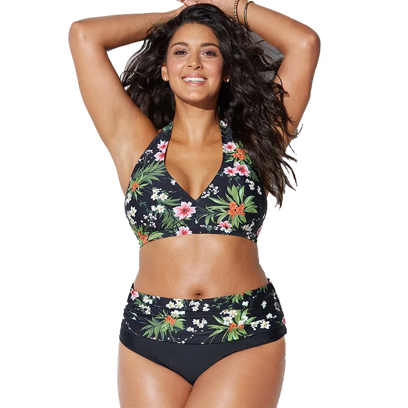 

2019 New Plus Size Print Swimsuit Sexy Push Up Beach Bathing Halter Low Cut Swimwear Bikini Bathing Suit Women XXXXL