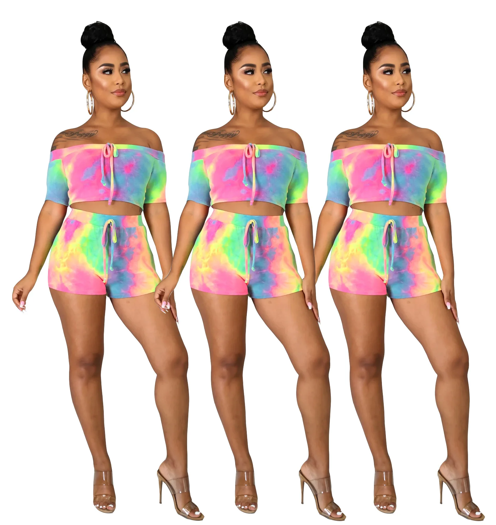 

Women 2 Piece Summer Sets Tie Dye Set Sexy Summer Outfits Crop Top and Short Set Pantalon Corto Mujer Strapless Top Casual Short