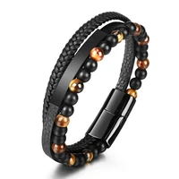 tiger eye natural stone beads bracelet leather rope braided genuine multi layer mens cowhide black