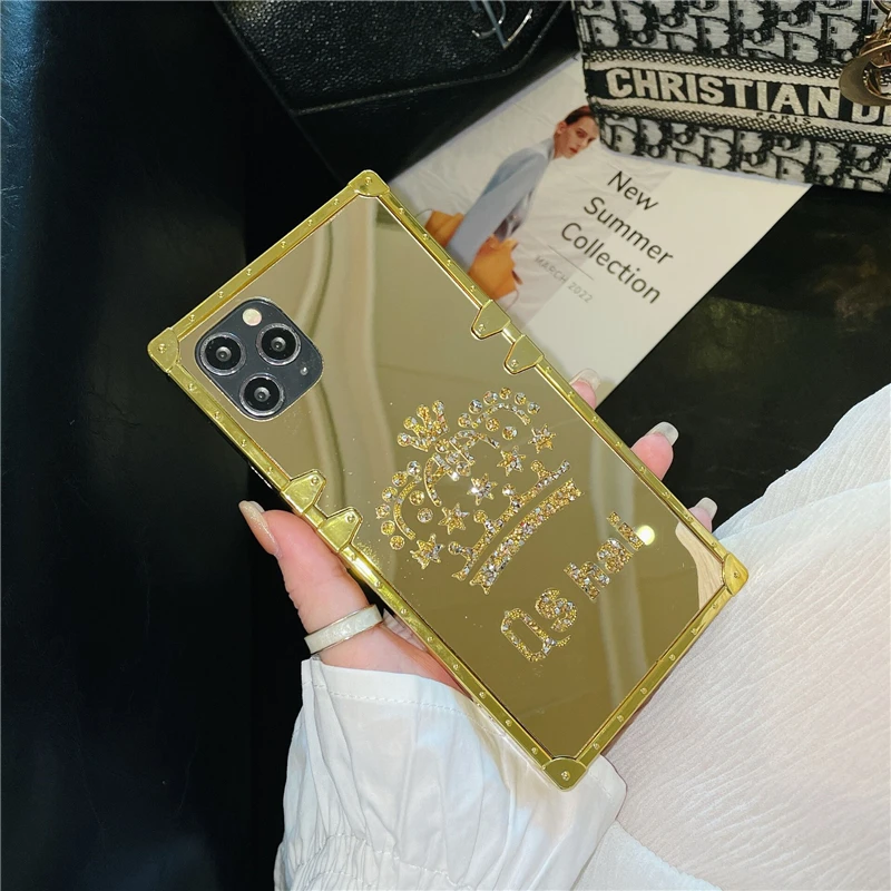 luxury golden square mirror phone case for iphone 12 13 11 pro xs max xr x 7 8 plus new hot crown fashion cover coque for women free global shipping