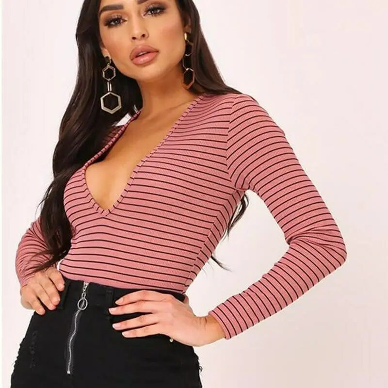 

UK Women Sexy Long Sleeve Bodysuit V Neck Tops Leotard Jumpsuit Bodycon Romper